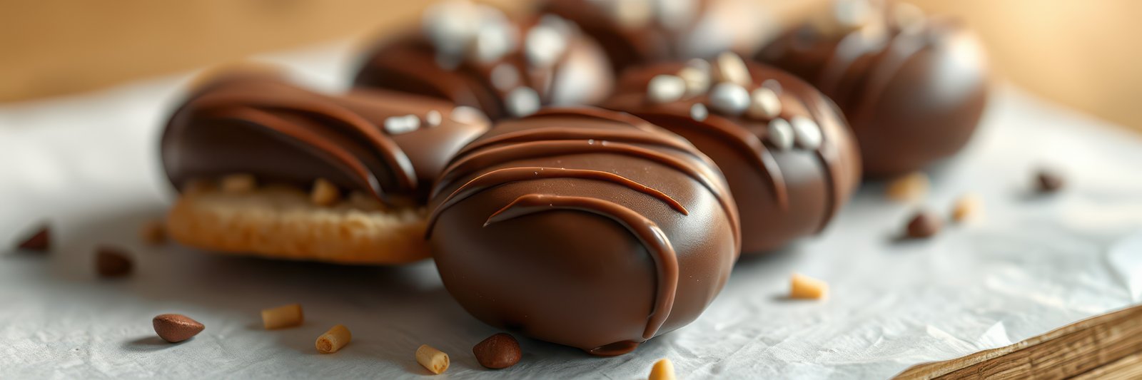 Delicious chocolate-covered cookies with toppings displayed on a rustic surface in warm light